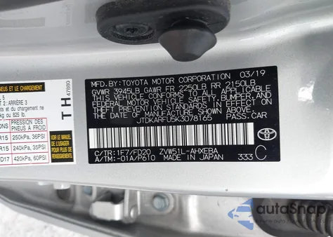 2019 Toyota Prius Le from USA, damaged, VIN JTDKARFU5K3078165